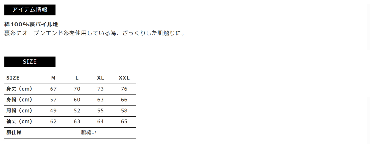 アイテム情報　SIZE