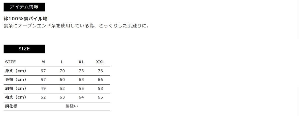 アイテム情報　SIZE